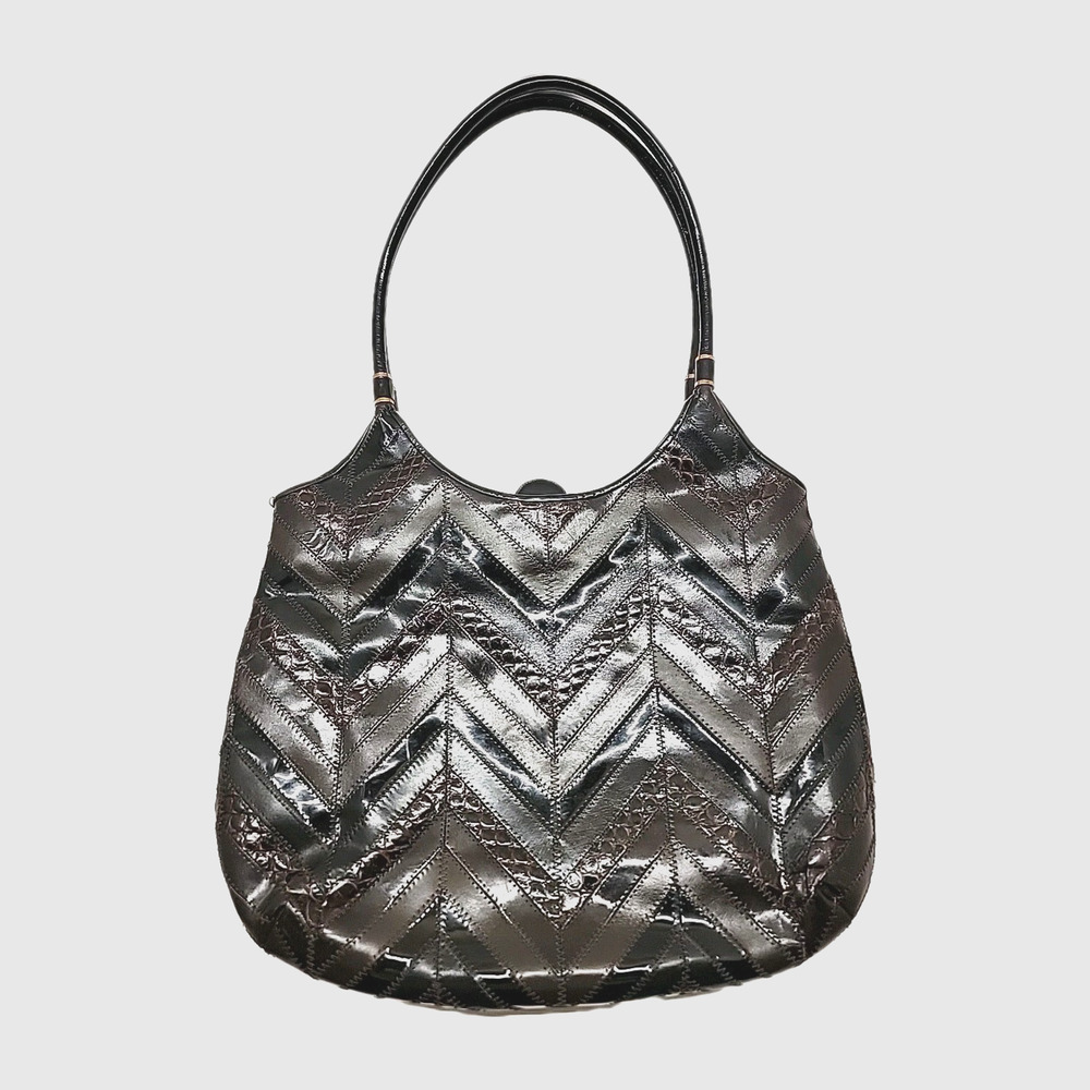 JUDITH LEIBER 80s Vtg ShoulderBag Leather Patchwork Brown Black Gold Accent RARE